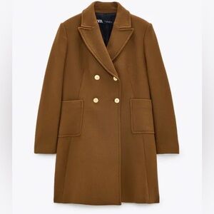 Zara Women's Coat Wool Blend Double-Breasted Tailored Toffee Brown Small NWT